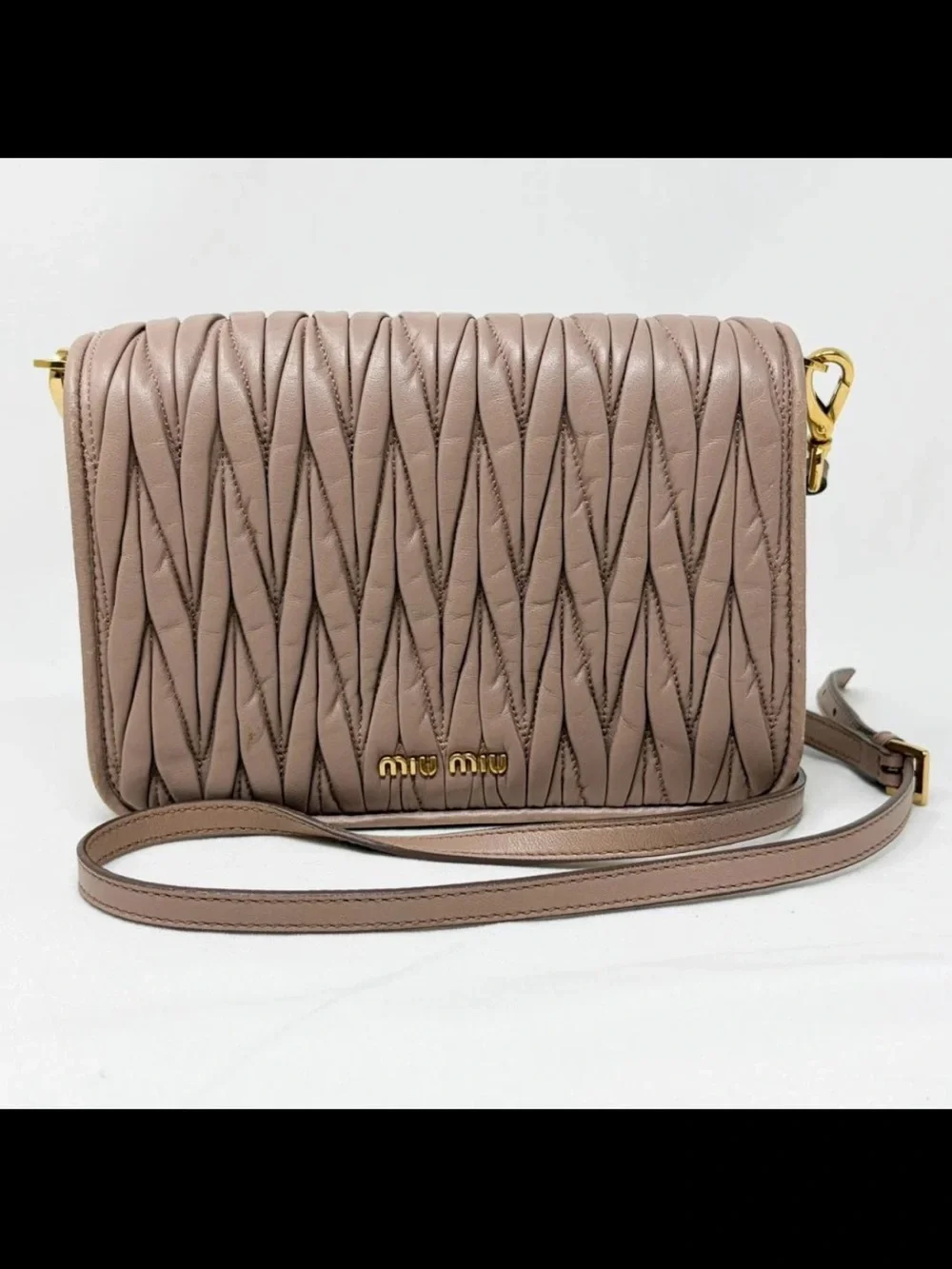 Miu Miu Quilted Matelassé Leather Crossbody in Taupe